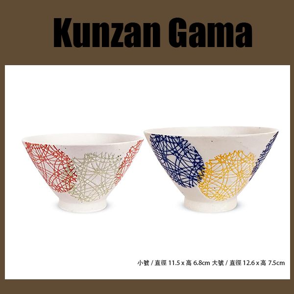 波佐見燒，日本製造，昆贊加瑪，一對茶碗，直徑11.5厘米和12.6厘米，圓形圖案，大號和小號