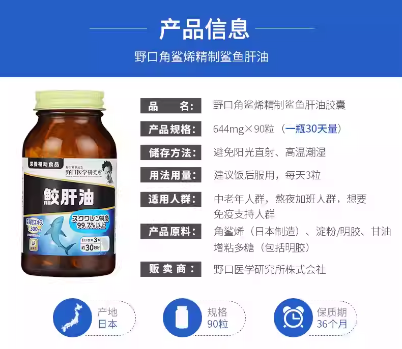 野口醫學研究所鯊魚肝油90片/補充劑